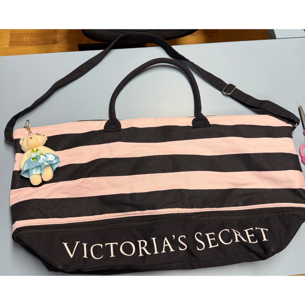 Victoria’s Secret Pink Black Stripe Weekender Tote Bag w Expansion Zip 25.5"X14"
